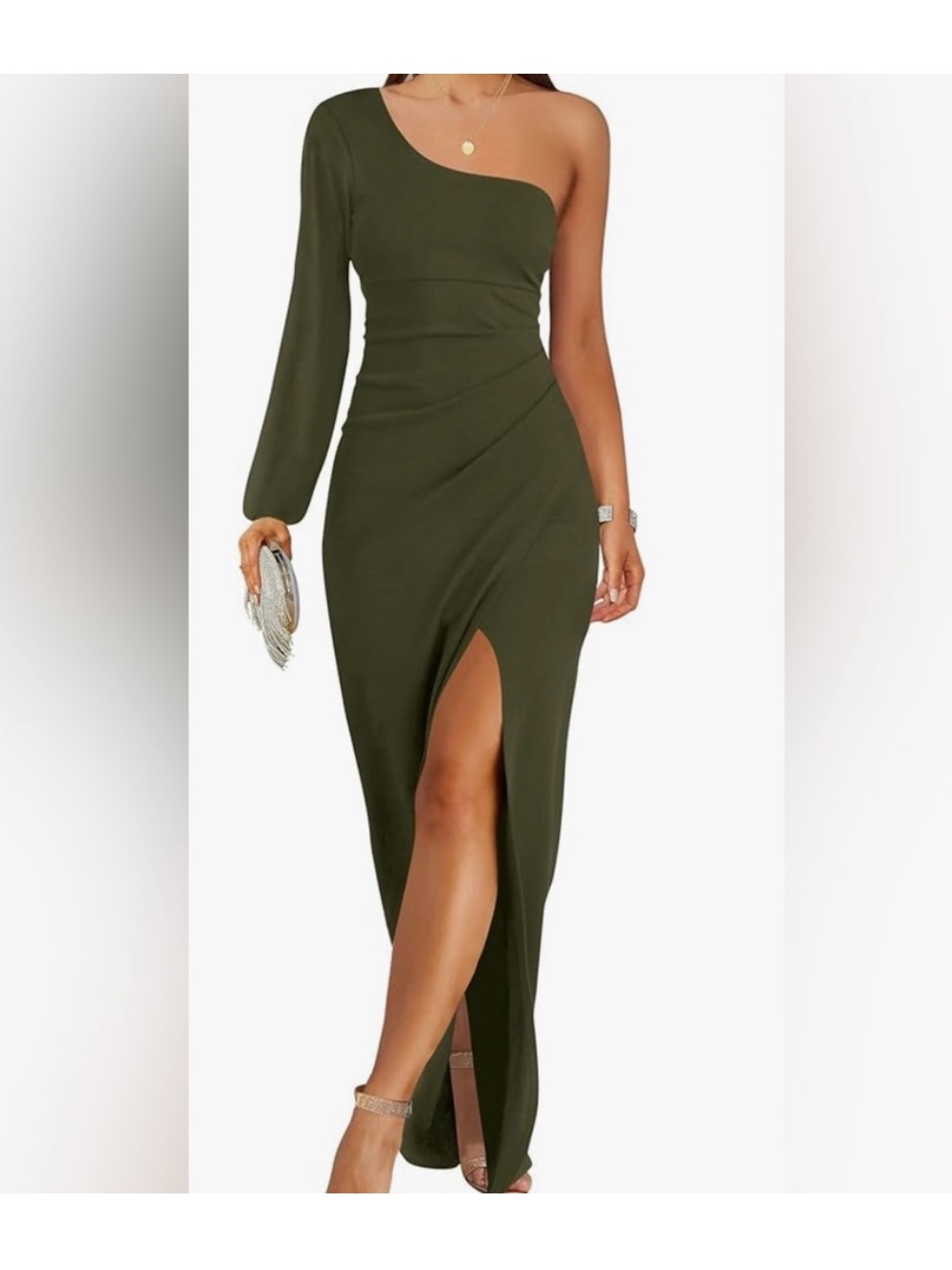 Zesica One-Shoulder Olive Green Evening Maxi Dress